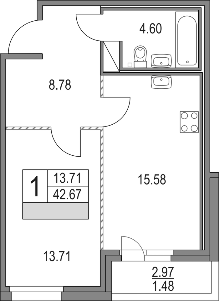 1-комнатная квартира 42.67 м², 4/16 эт., ЖК «Приморский квартал»